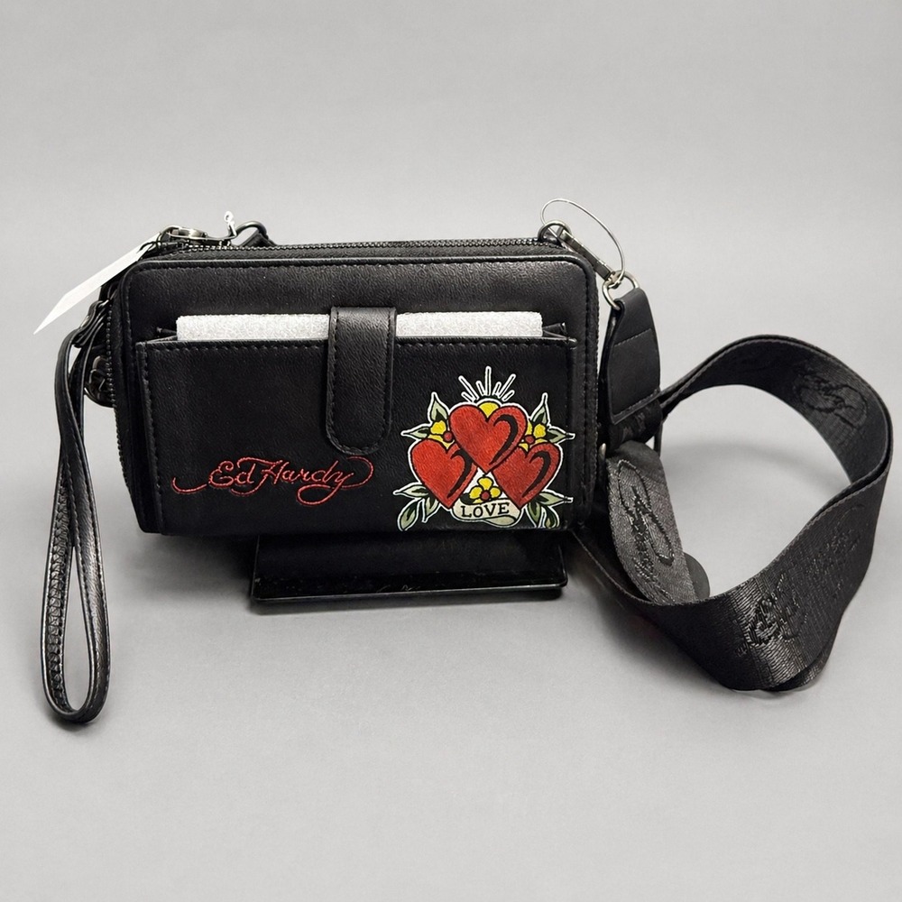 Ed Hardy Black Crossbody Wallet Bag Hearts Love Tattoo Y2K Wristlet Purse
